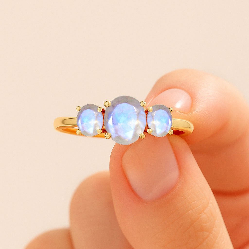 Natural Moonstone Three Stone Engagement Ring - Goodstone Jewels