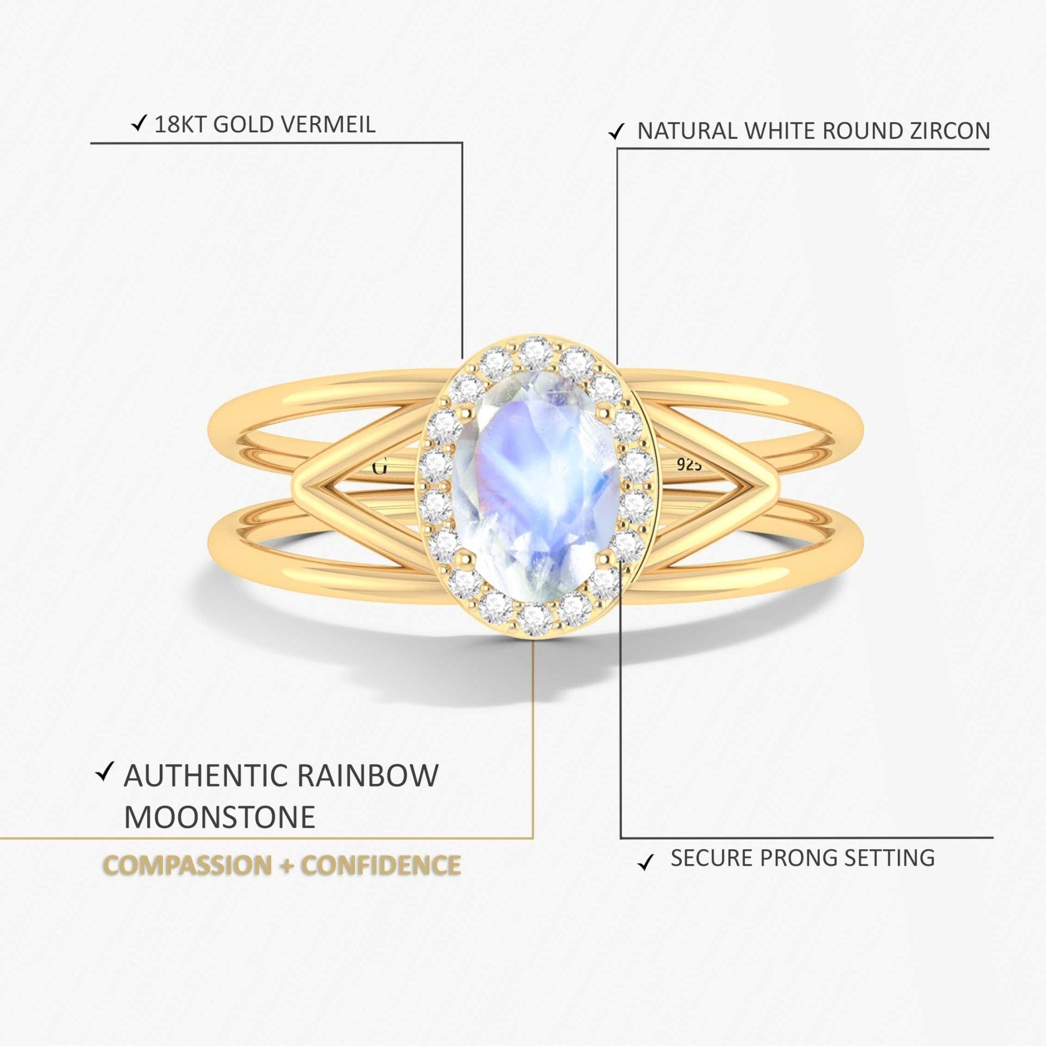 Natural Moonstone & White Zircon Stackable Halo Ring - Goodstone Jewels