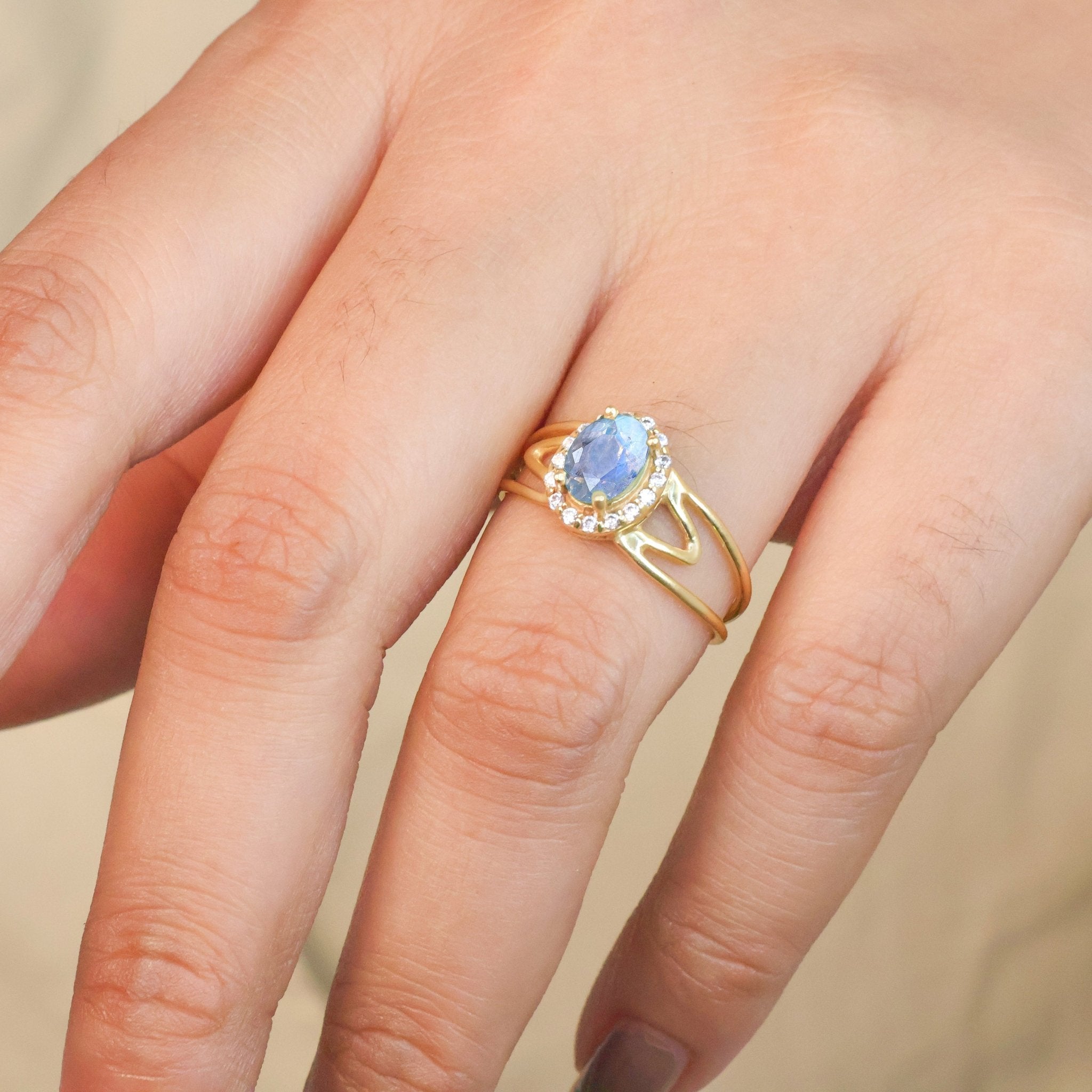 Natural Moonstone & White Zircon Stackable Halo Ring - Goodstone Jewels