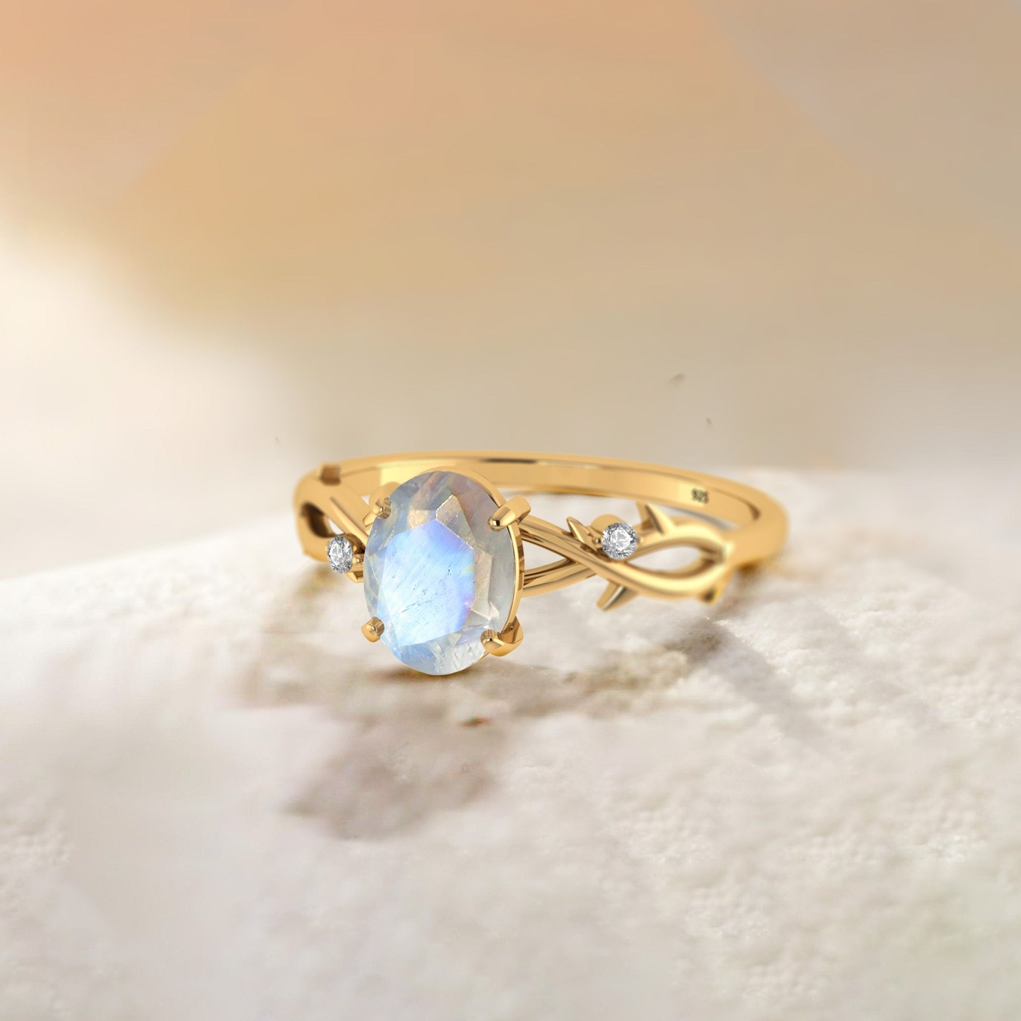 Natural Moonstone with Side Stone Crossover Solitaire Ring - Goodstone Jewels