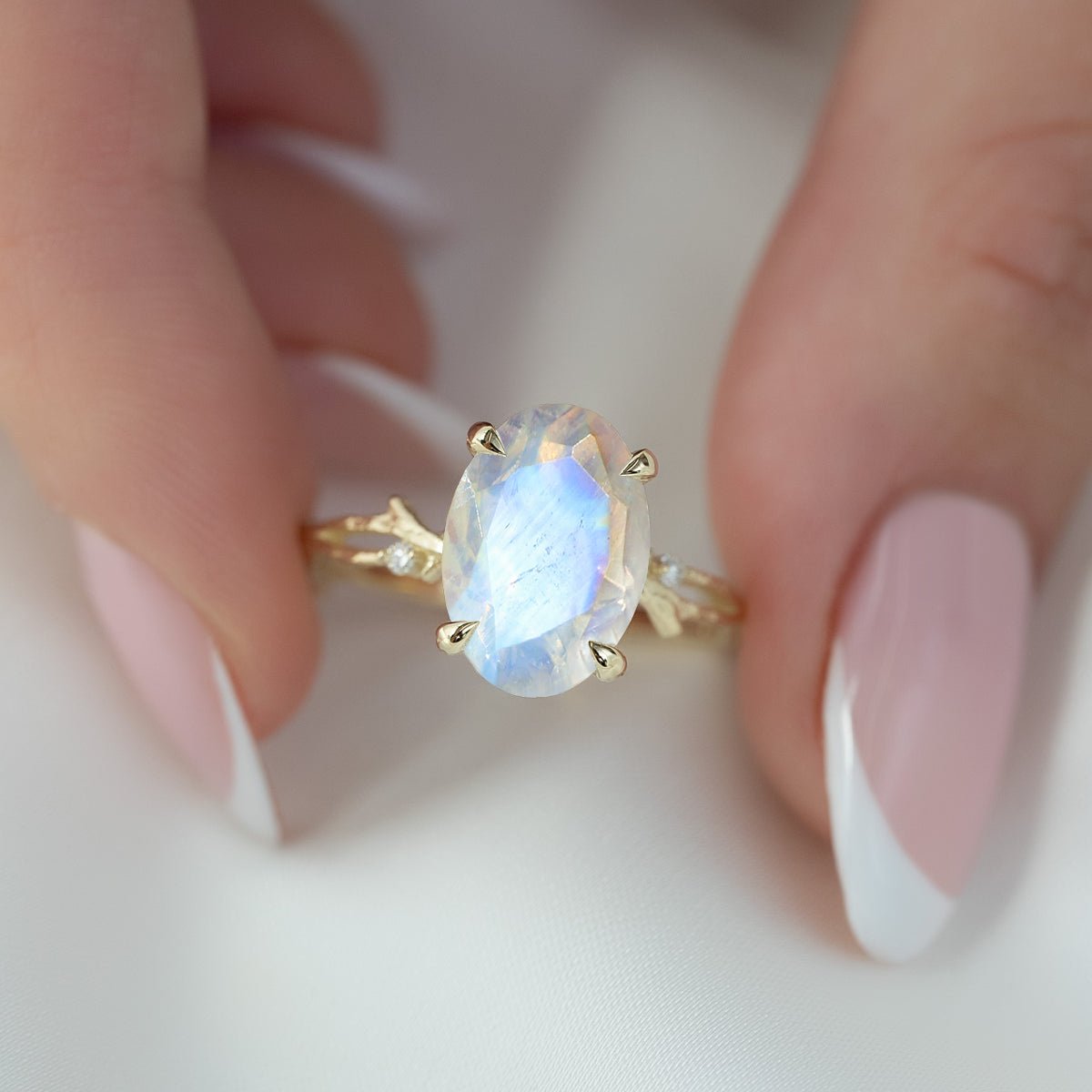 Natural Moonstone with Side Stone Crossover Solitaire Ring - Goodstone Jewels