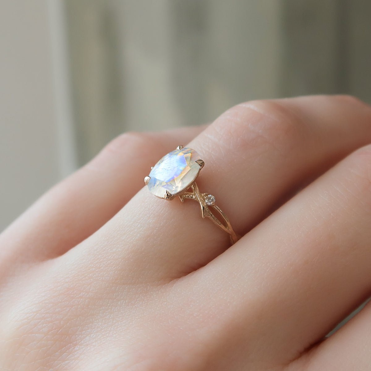Natural Moonstone with Side Stone Crossover Solitaire Ring - Goodstone Jewels