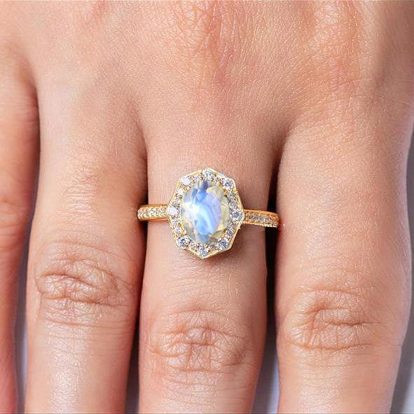 Natural Moonstone with White Zircon Engagement Halo Ring - Goodstone Jewels