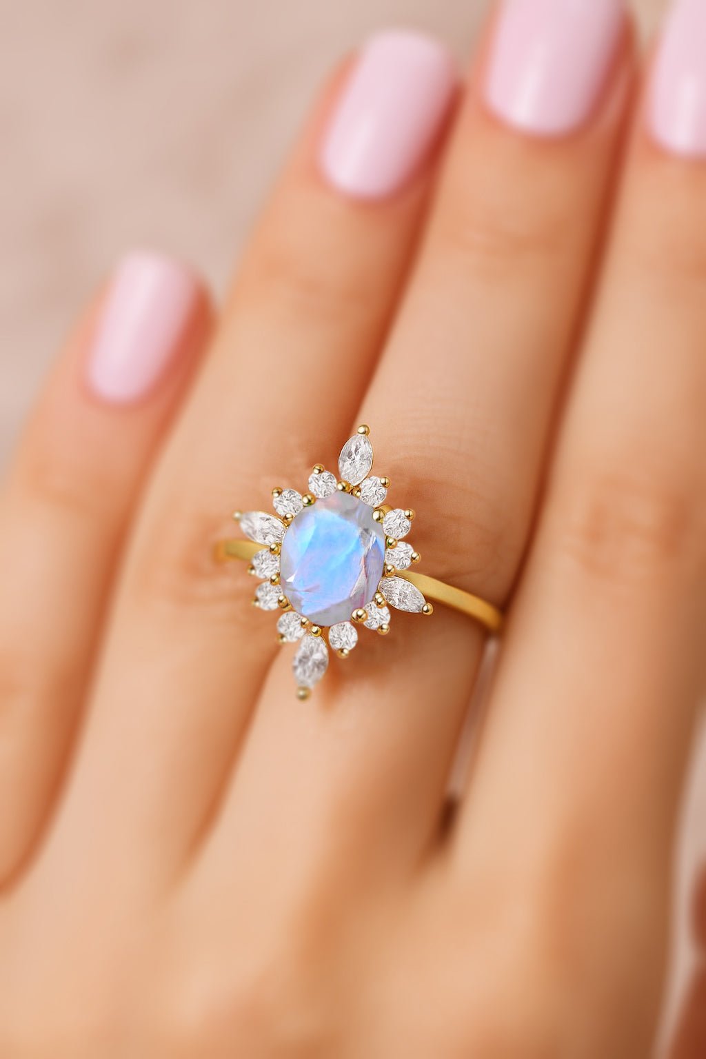 Natural Moonstone with White Zircon Halo Ring in Silver & Yellow Gold Filled - Goodstone Jewels
