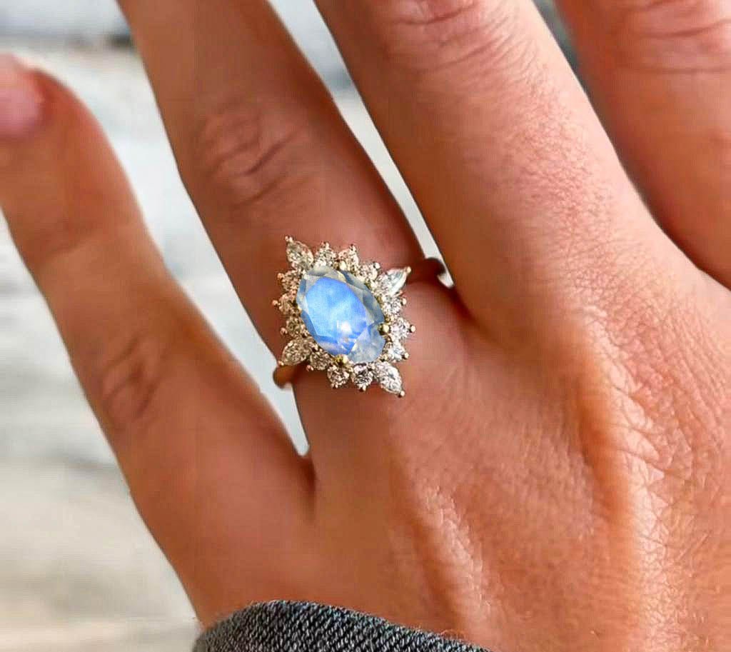 Natural Moonstone with White Zircon Halo Ring in Silver & Yellow Gold Filled - Goodstone Jewels