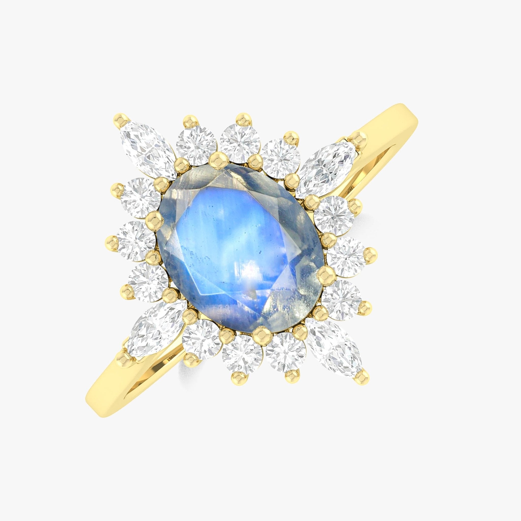 Natural Moonstone with White Zircon Halo Ring in Silver & Yellow Gold Filled - Goodstone Jewels