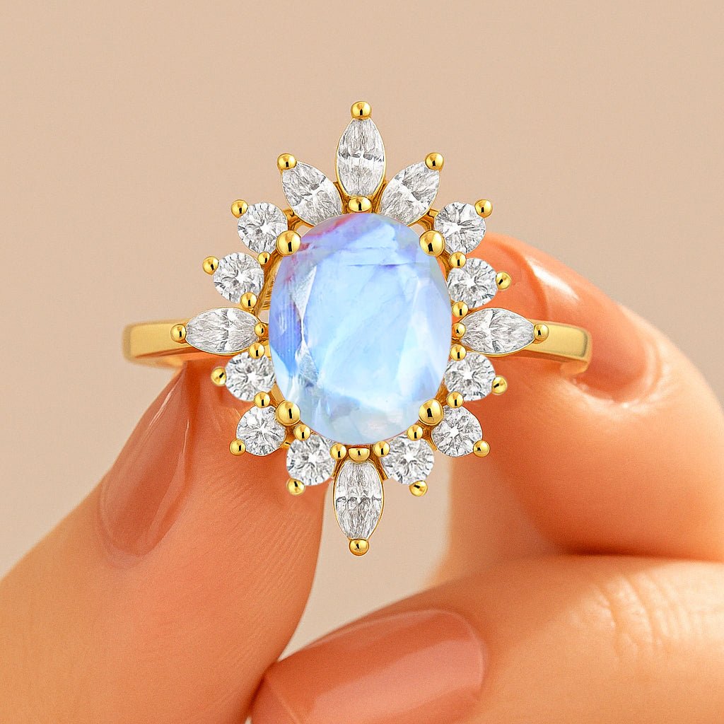 Natural Moonstone with White Zircon Halo Ring in Silver & Yellow Gold Filled - Goodstone Jewels