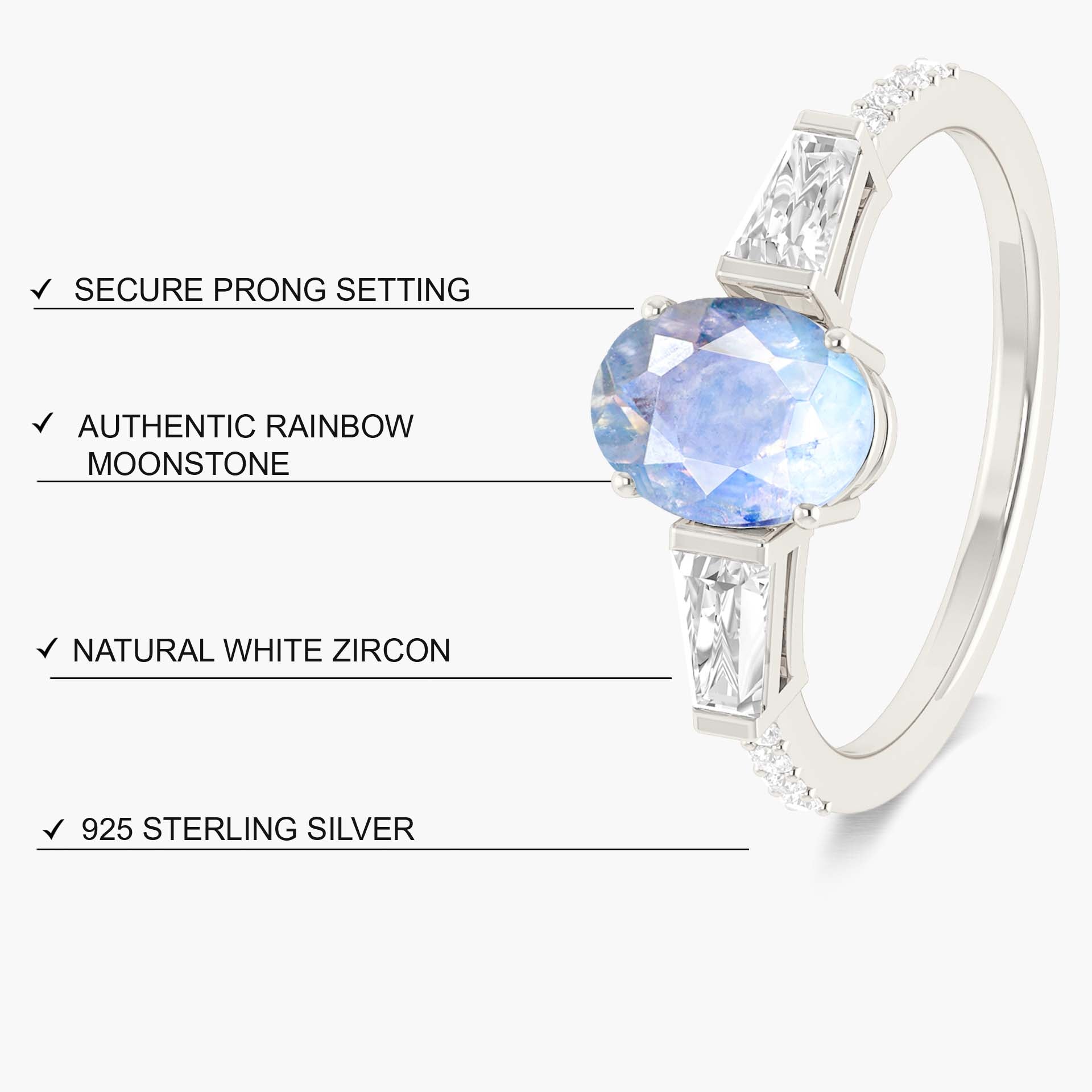 Natural Moonstone with White Zircon Three Stone Engagement Ring - Goodstone Jewels