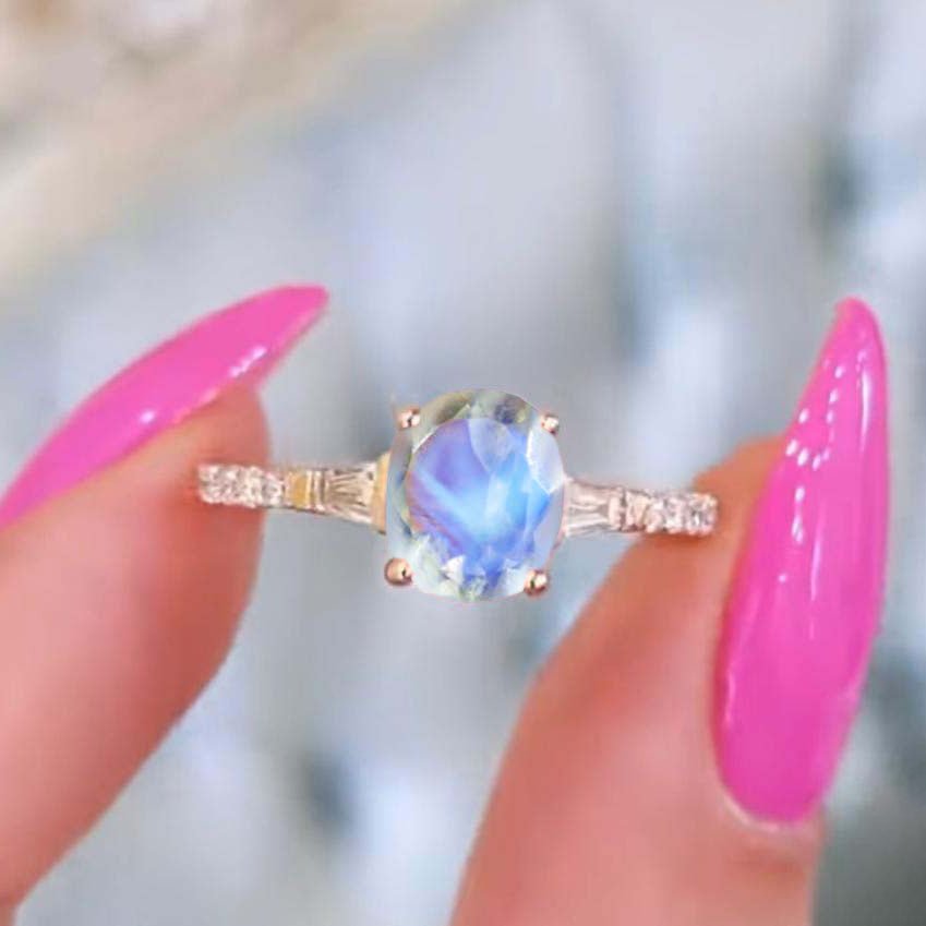 Natural Moonstone with White Zircon Three Stone Engagement Ring - Goodstone Jewels