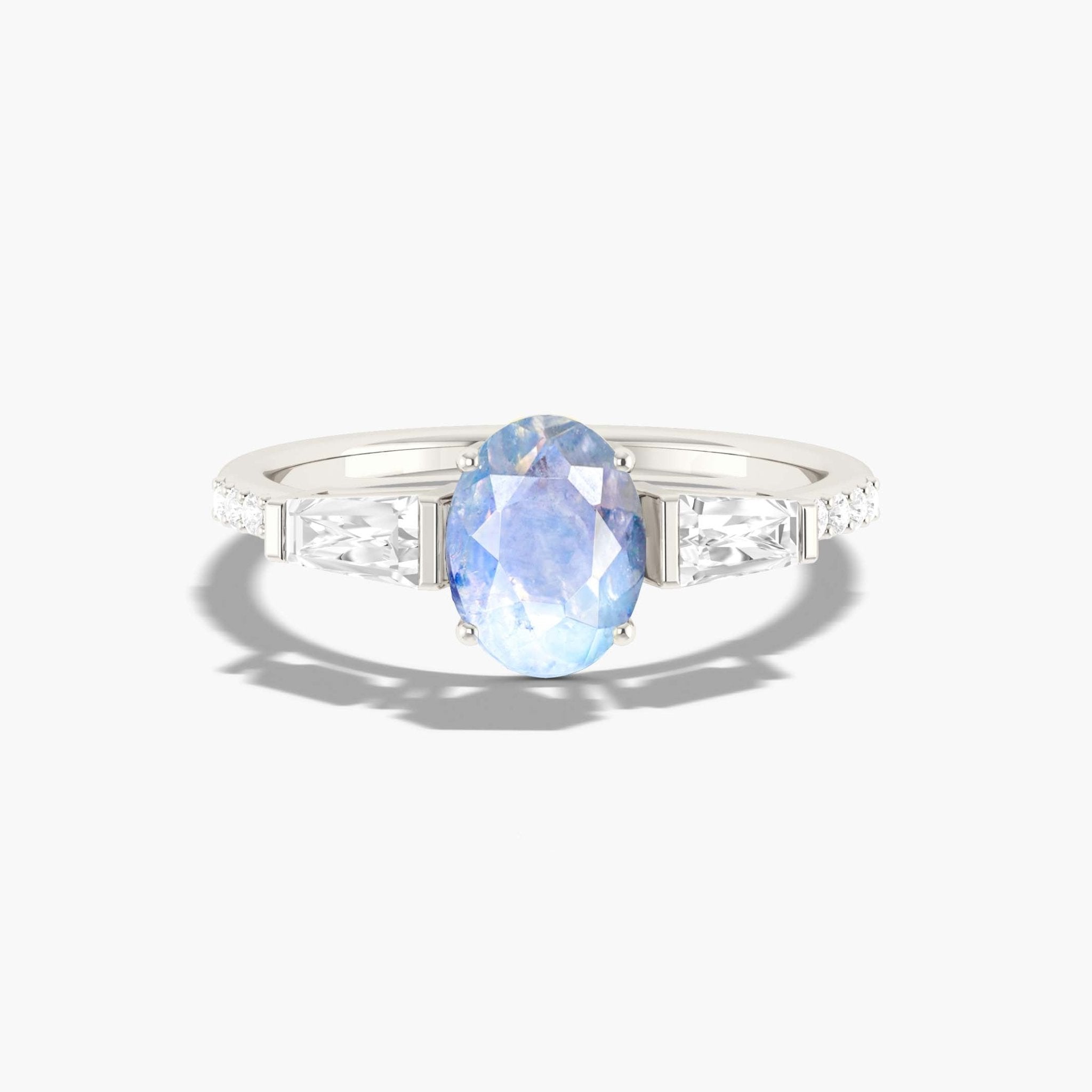 Natural Moonstone with White Zircon Three Stone Engagement Ring - Goodstone Jewels