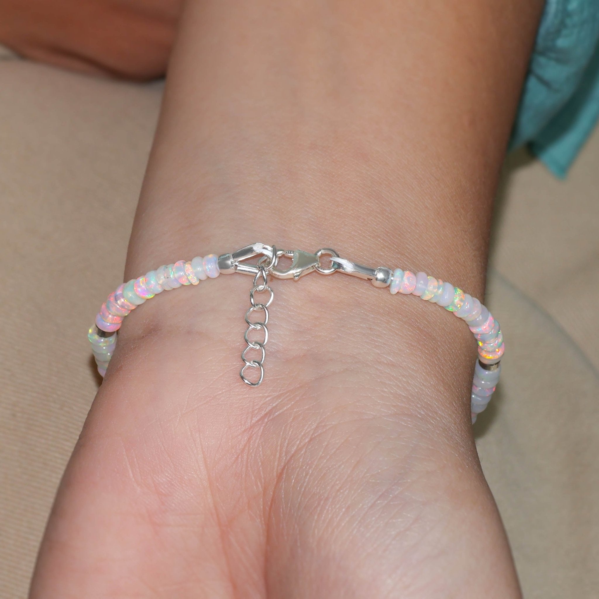 Natural Opal Beaded Bracelet With Circular Silver Chakri Beads - Goodstone Jewels