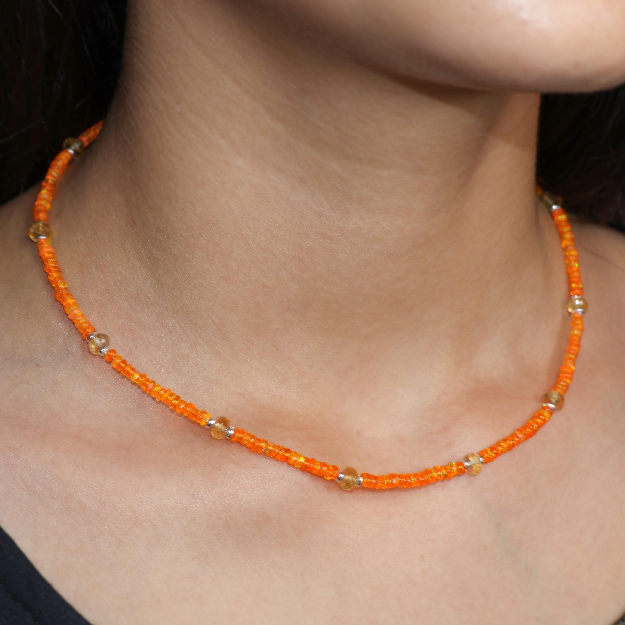 Natural Orange fire Ethiopian opal with citrine beaded necklace - Goodstone Jewels