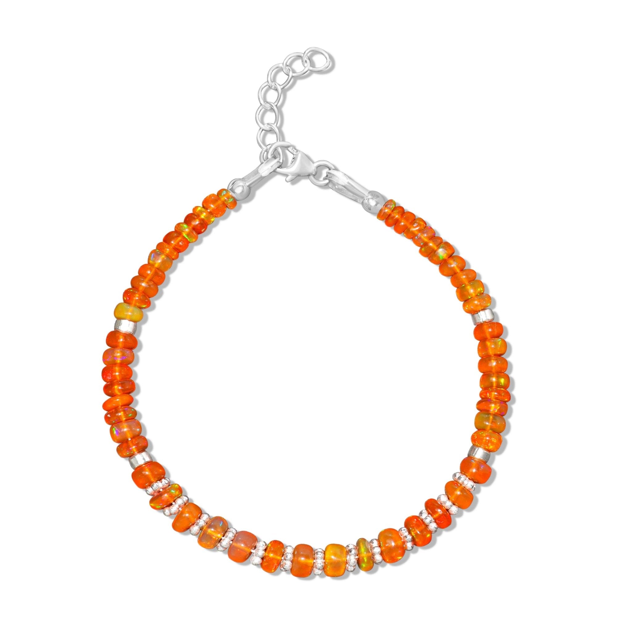 Natural Orange Opal Beaded Bracelet With Circular Silver Chakri Beads - Goodstone Jewels