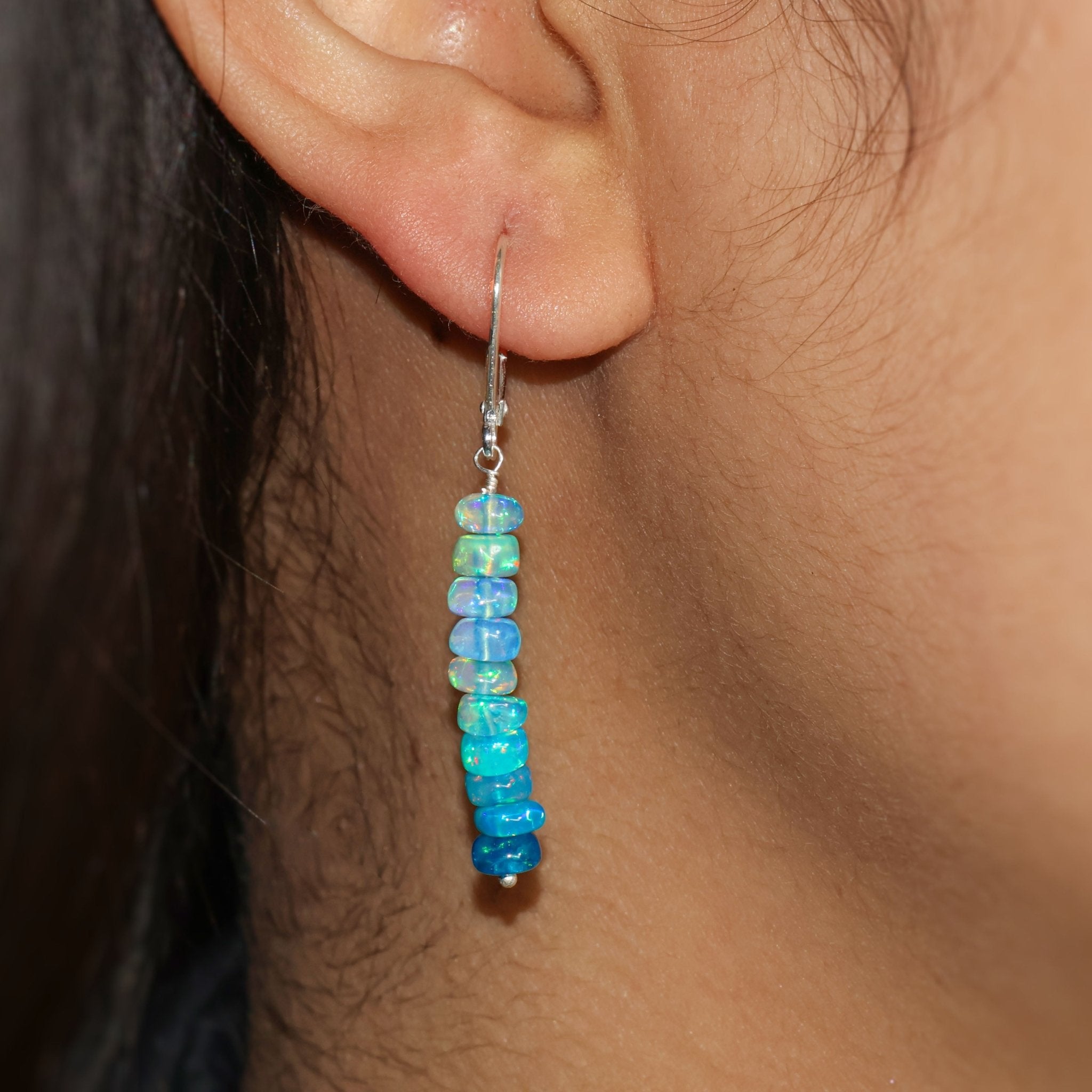Natural Paraiba Opal Linear Beaded Dangle Drop Earrings - Goodstone Jewels