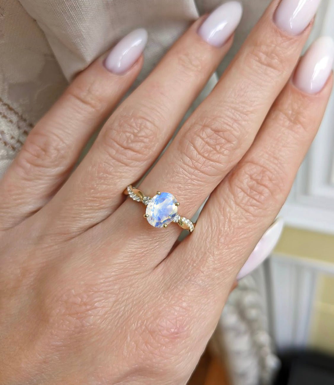 Natural Rainbow Moonstone Engagement Solitaire Ring - Goodstone Jewels