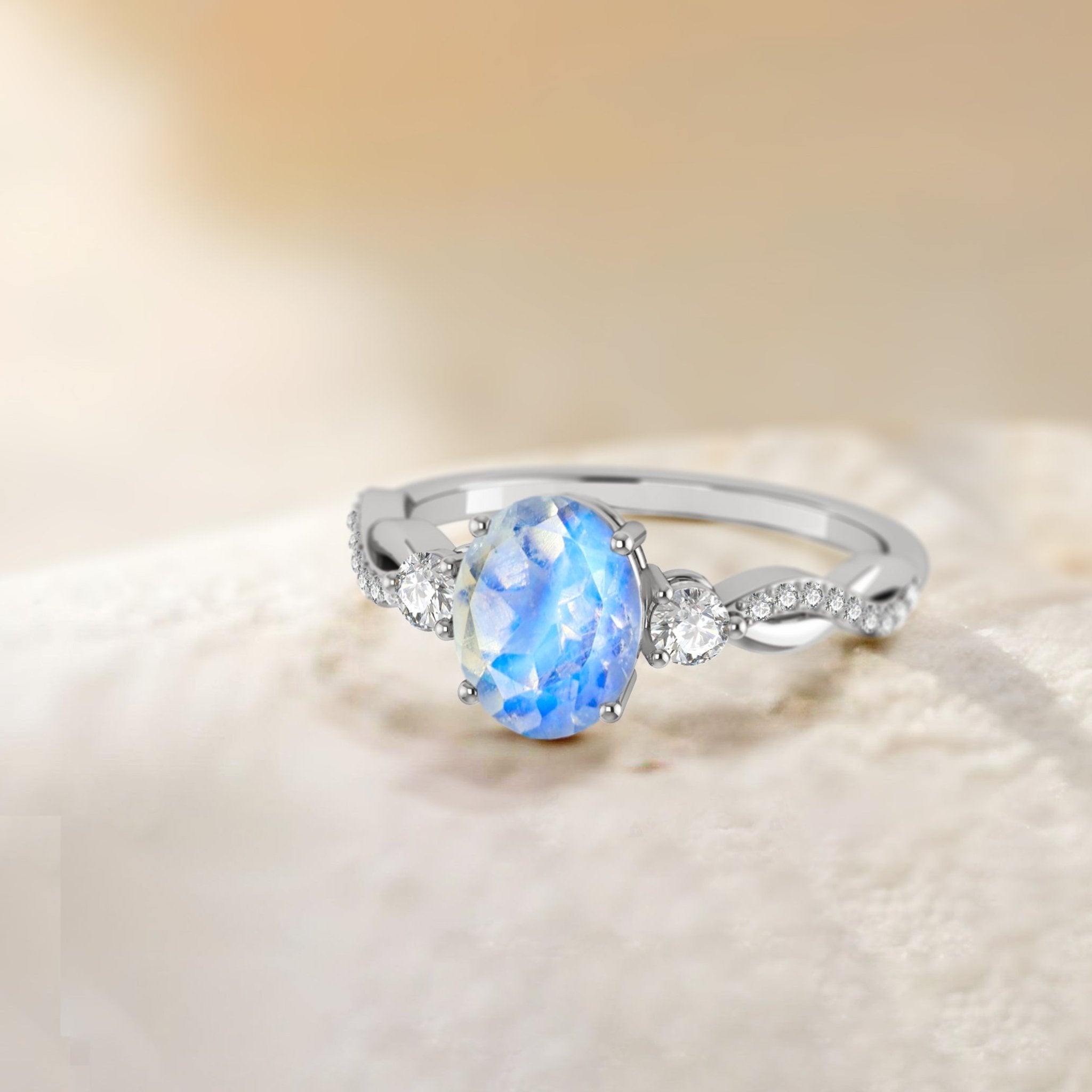 Natural Rainbow Moonstone Engagement Solitaire Ring - Goodstone Jewels