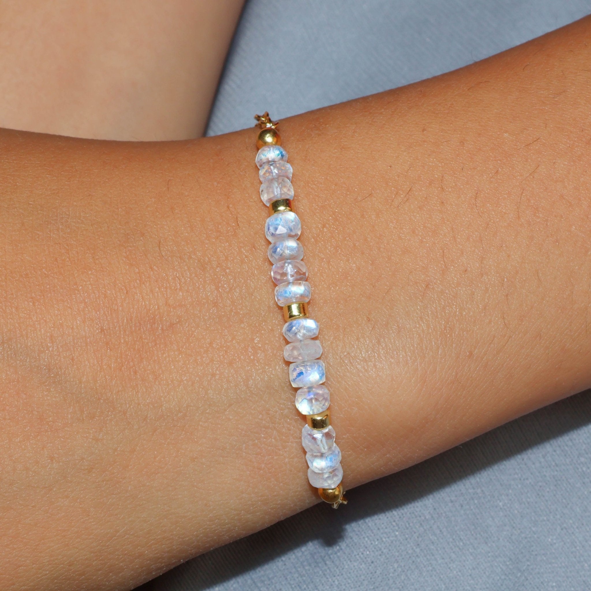 Natural rainbow moonstone faceted beads chain bracelet - Goodstone Jewels