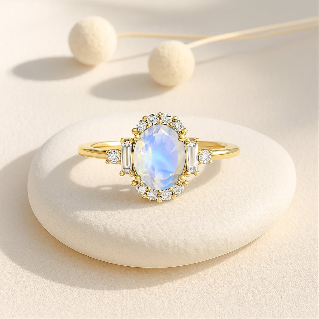 Natural Rainbow Moonstone Halo Wedding Ring - Goodstone Jewels