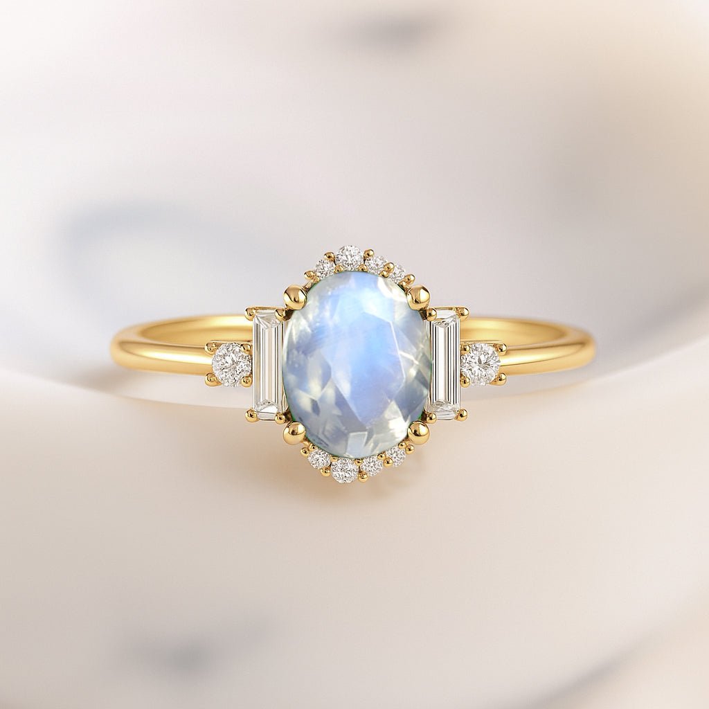 Natural Rainbow Moonstone Halo Wedding Ring - Goodstone Jewels