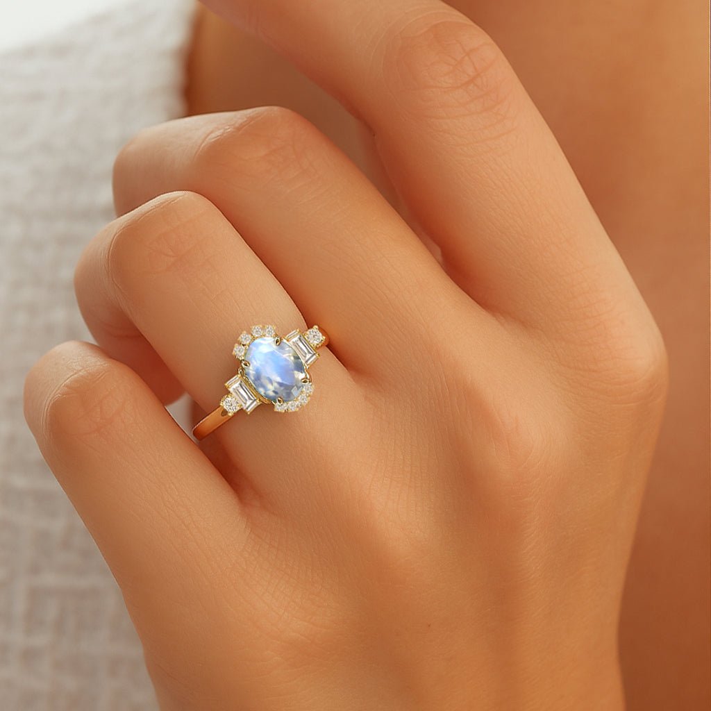 Natural Rainbow Moonstone Halo Wedding Ring - Goodstone Jewels