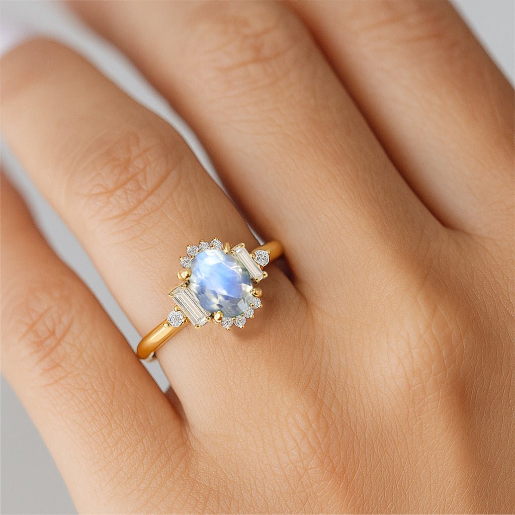 Natural Rainbow Moonstone Halo Wedding Ring - Goodstone Jewels