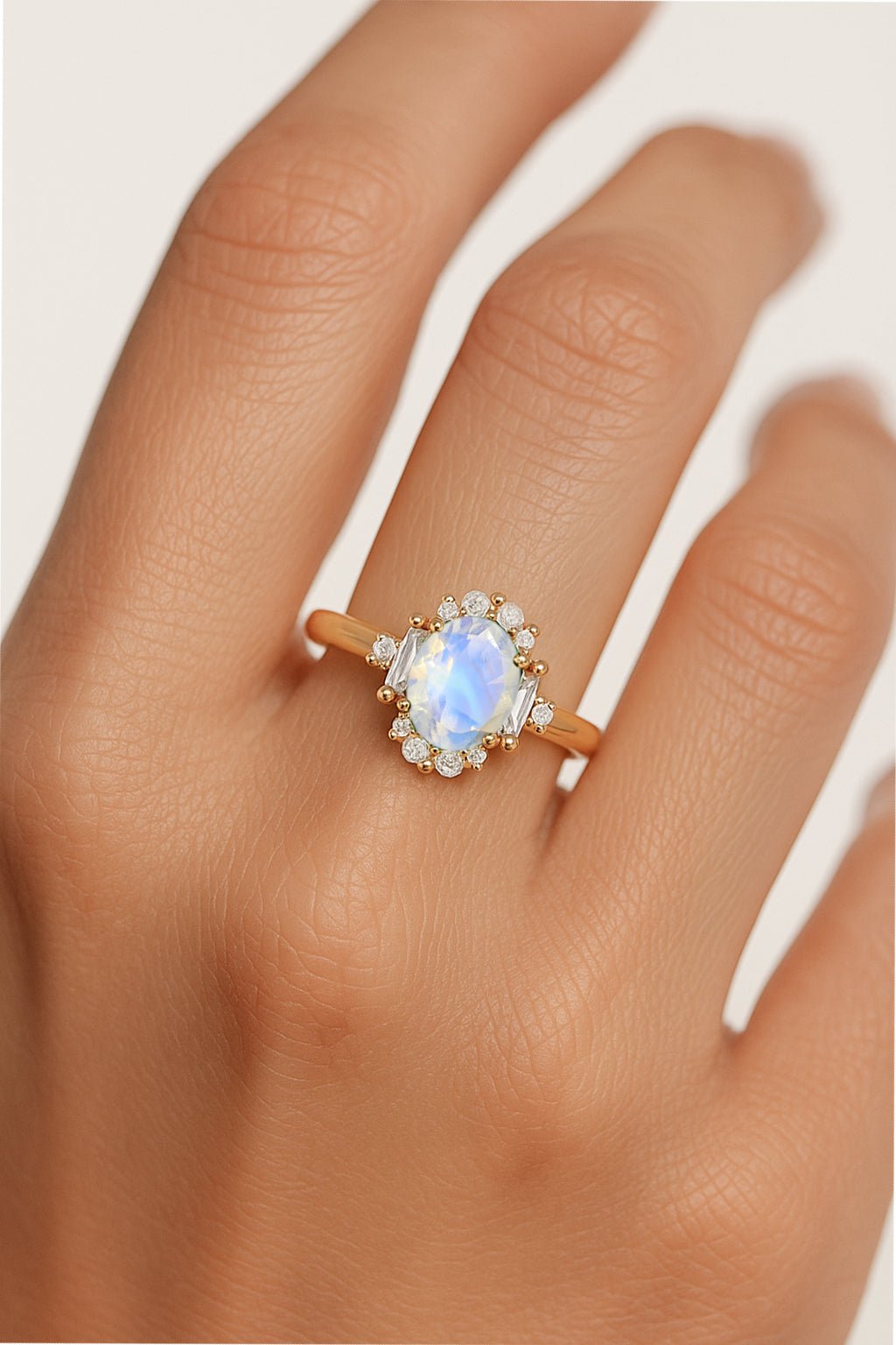 Natural Rainbow Moonstone Halo Wedding Ring - Goodstone Jewels