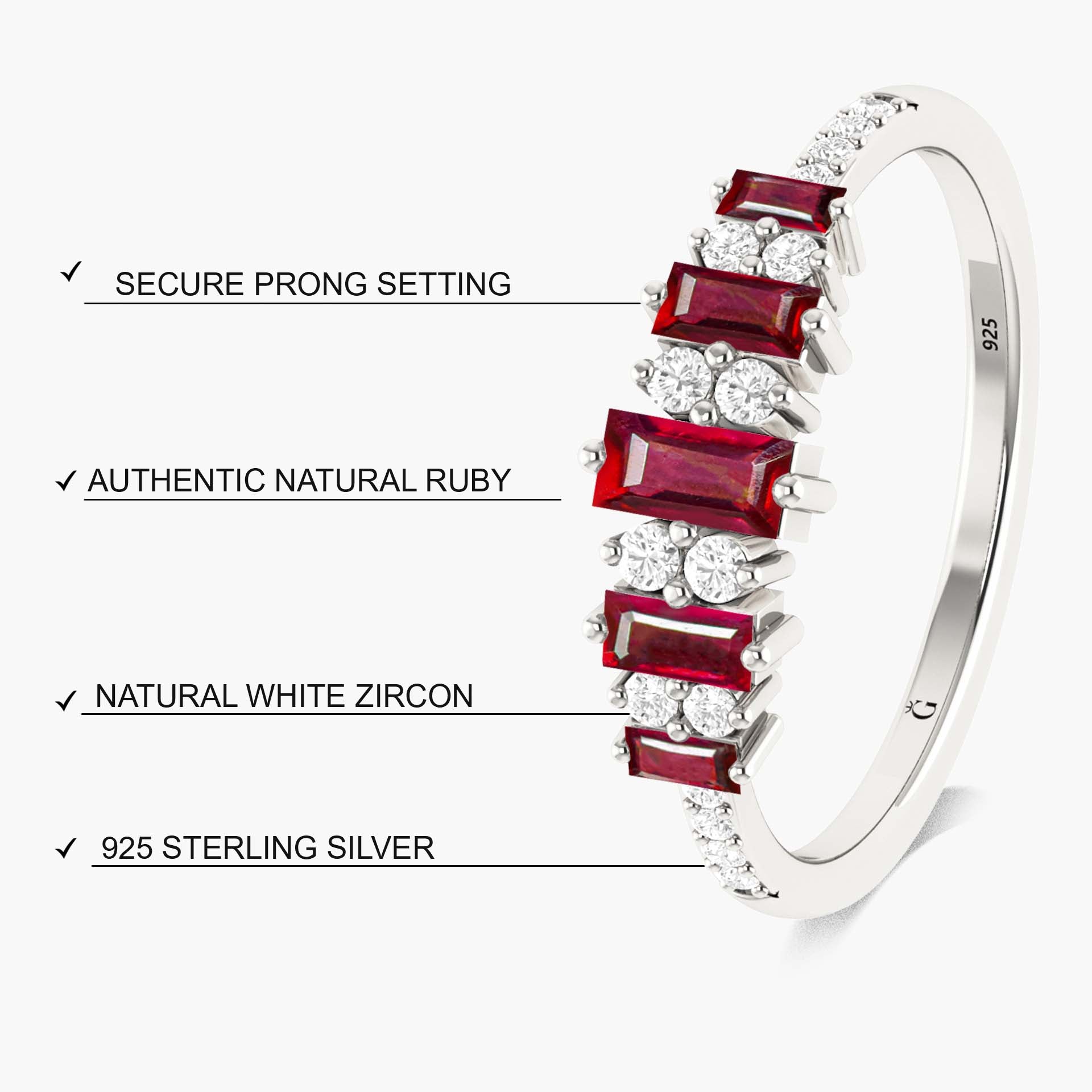 Natural Red Baguette Ruby Gemstone Ring - Goodstone Jewels