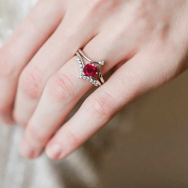 Natural Ruby and White Zircon Sparkling Wishbone Ring - Goodstone Jewels