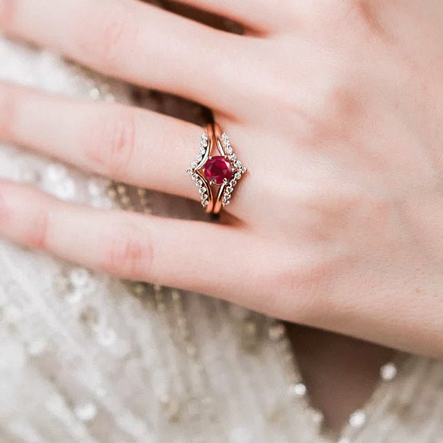 Natural Ruby and White Zircon Sparkling Wishbone Ring - Goodstone Jewels