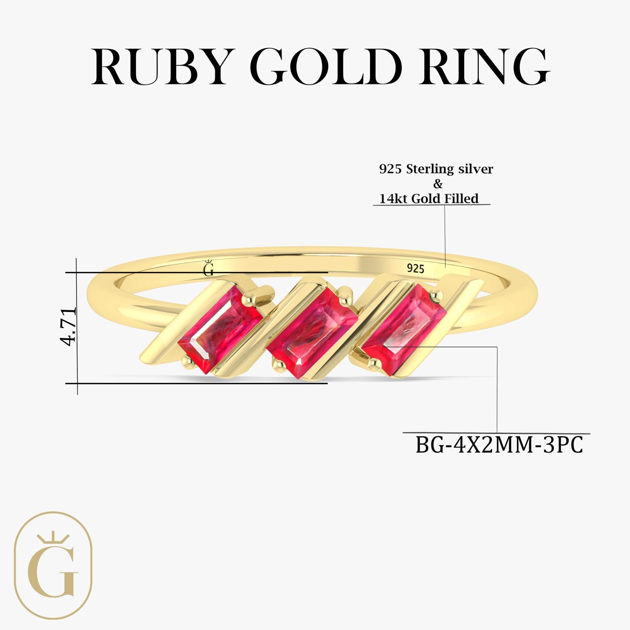 Natural Ruby Baguette Style Three Stone Ring in Gold Filled & Sterling Silver - Goodstone Jewels