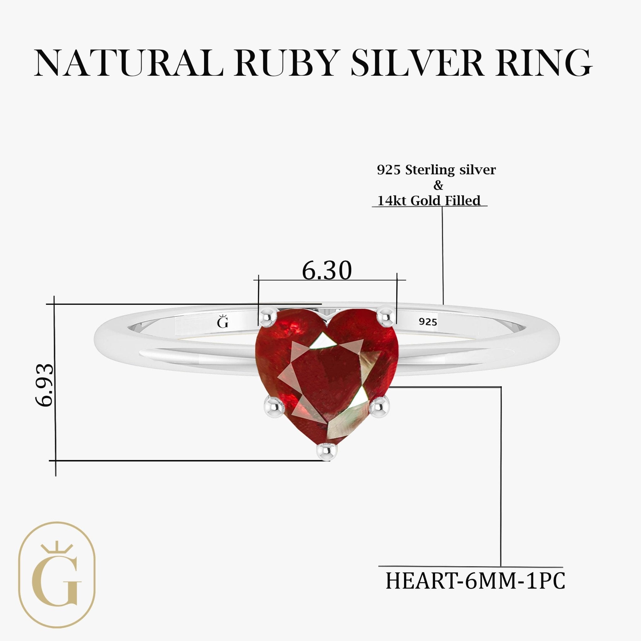Natural Ruby Gemstone Heart Ring in Yellow Gold Filled & 925 Silver - Goodstone Jewels