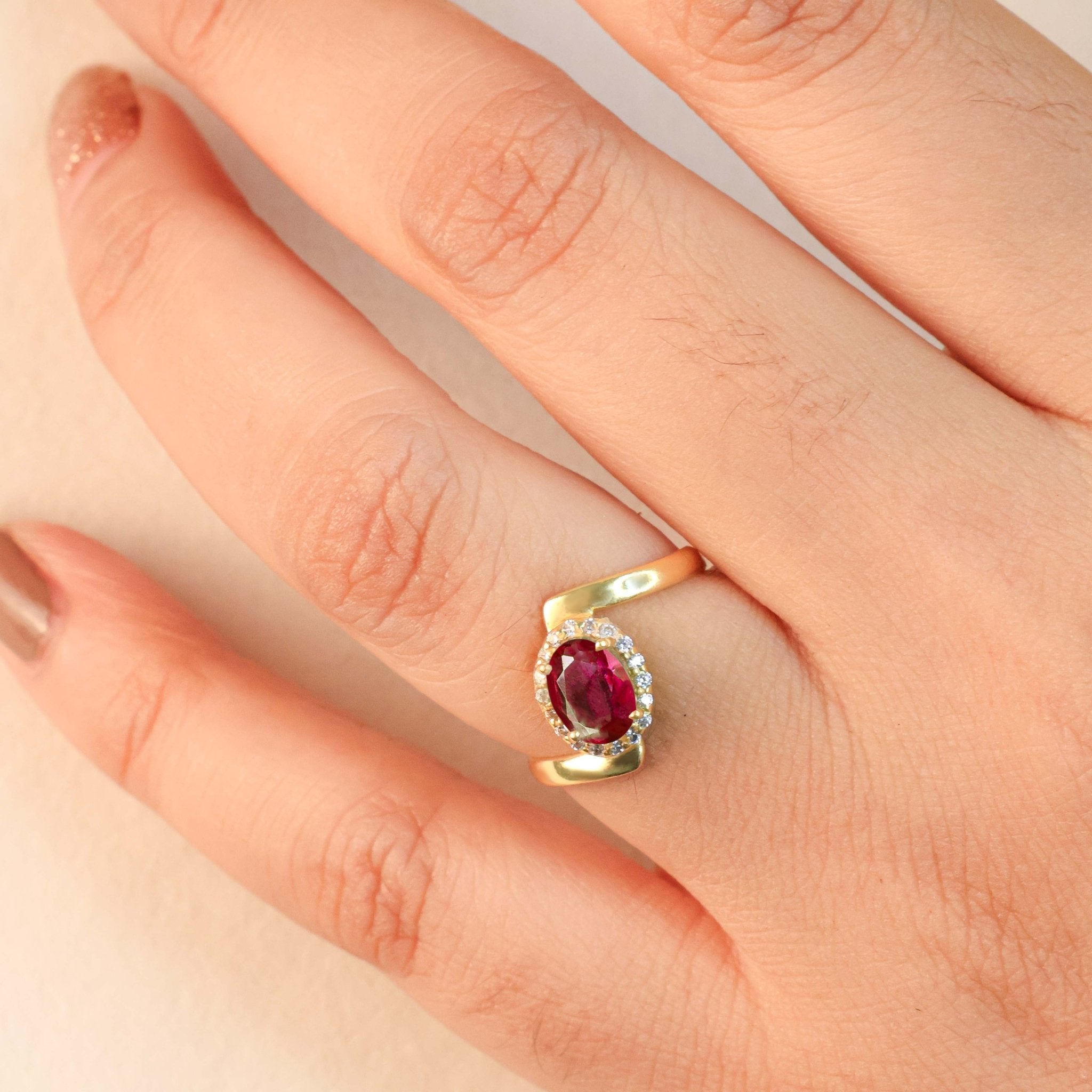Natural Ruby Oval Shape Bypass Halo Ring - Goodstone Jewels