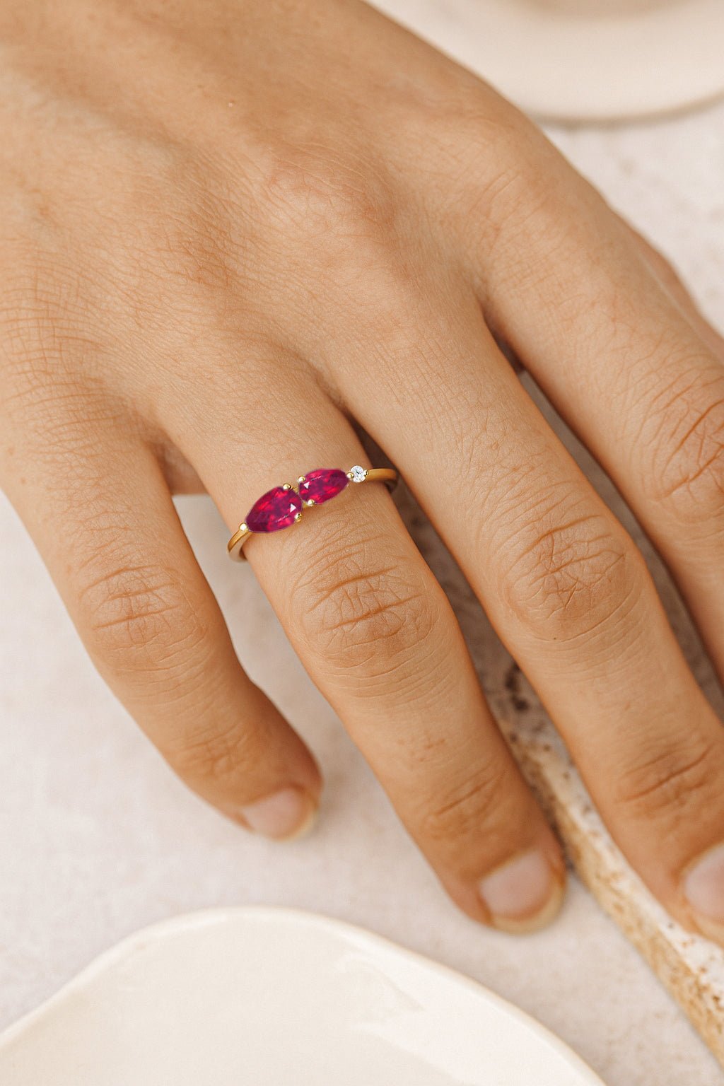 Natural Ruby Pear Shape Two Stone Ring in Yellow Gold Filled & Silver - Goodstone Jewels