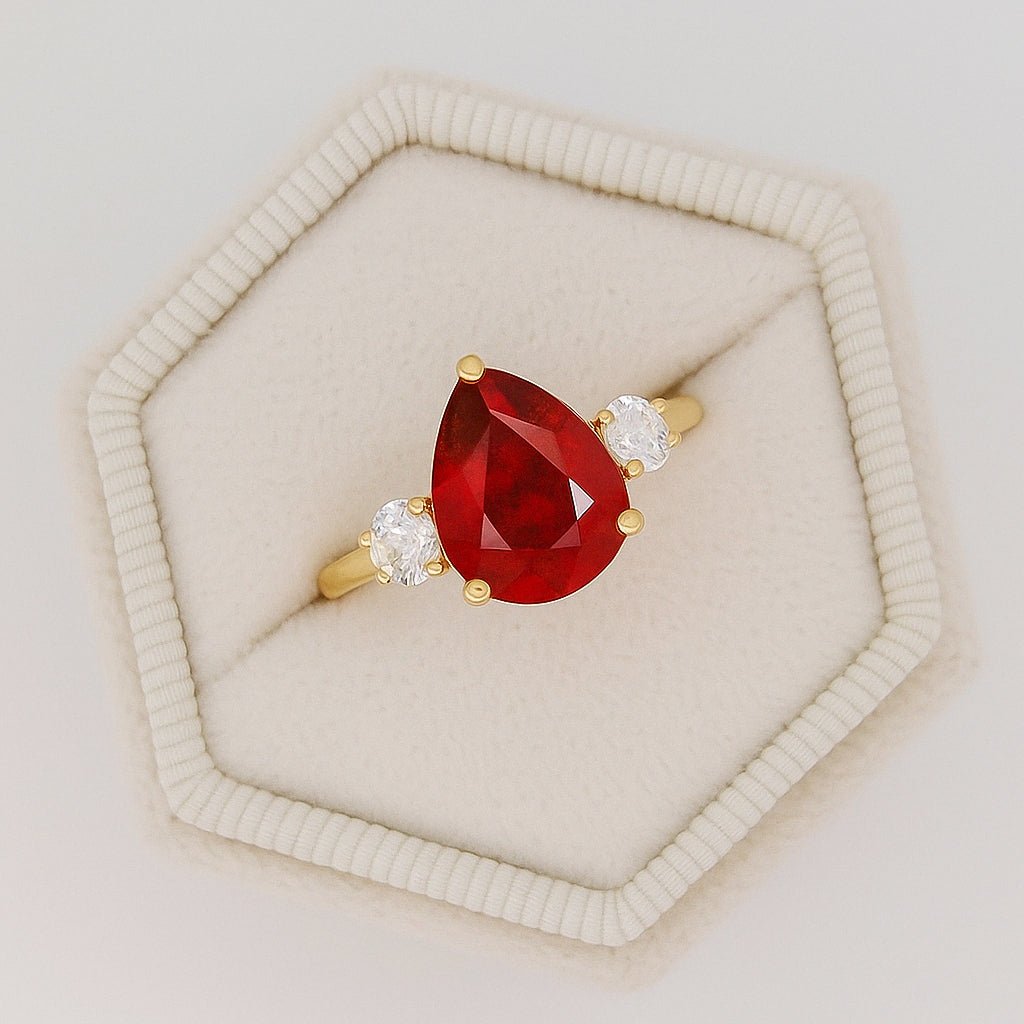 Natural Ruby Pear Shape with Zircon Three Stone Statement Ring - Goodstone Jewels