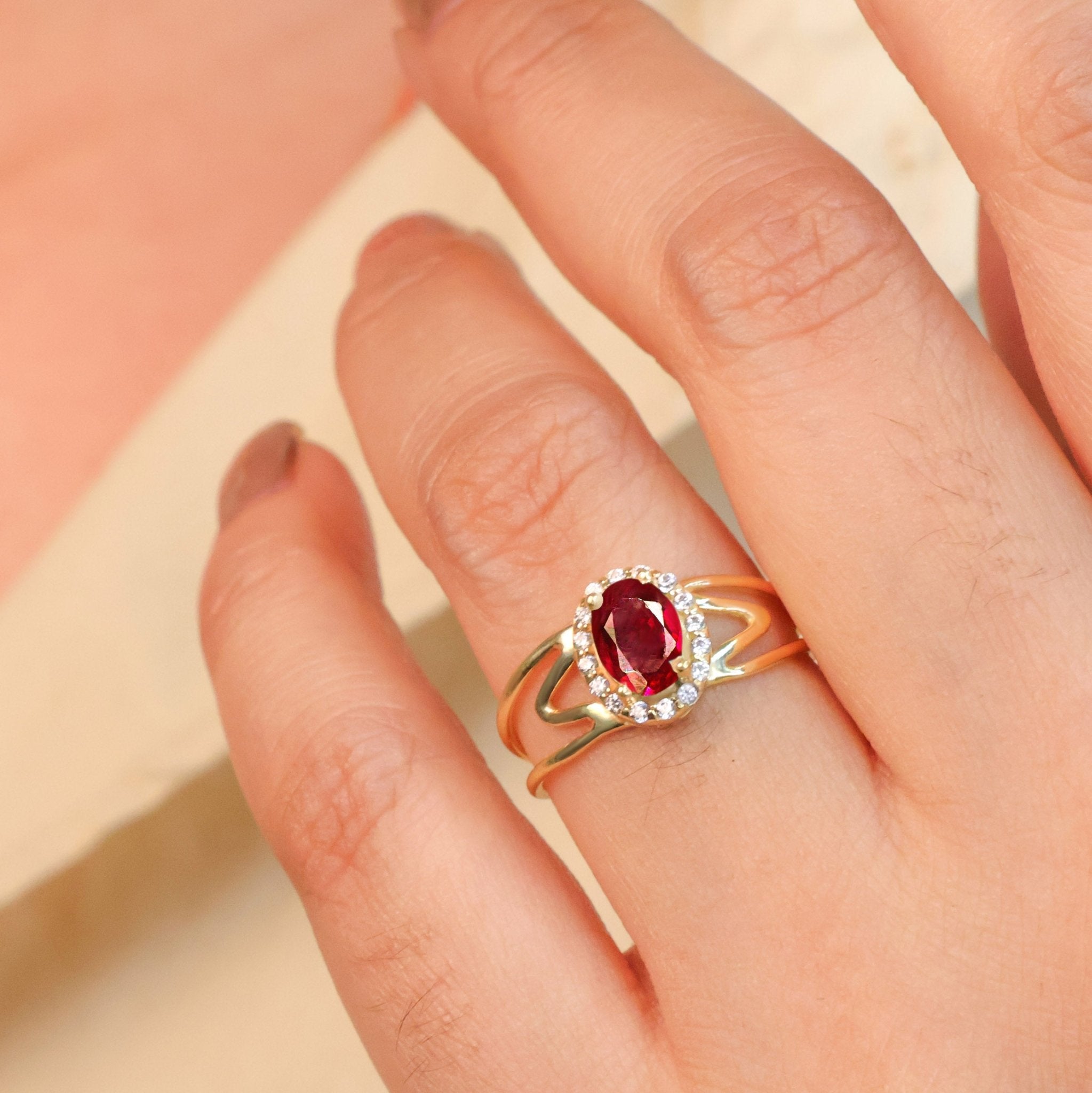 Natural Ruby & White Zircon Stackable Halo Ring - Goodstone Jewels