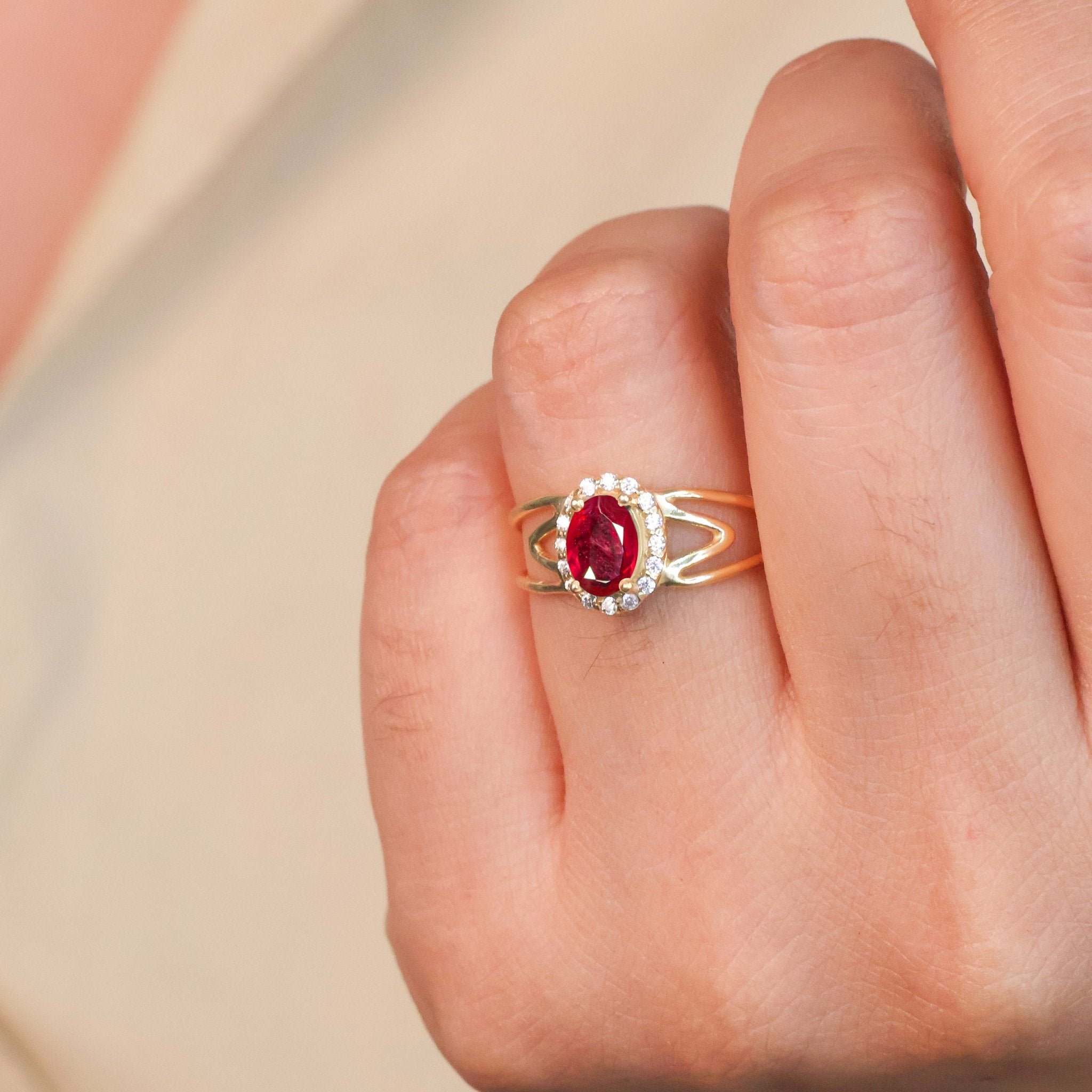 Natural Ruby & White Zircon Stackable Halo Ring - Goodstone Jewels