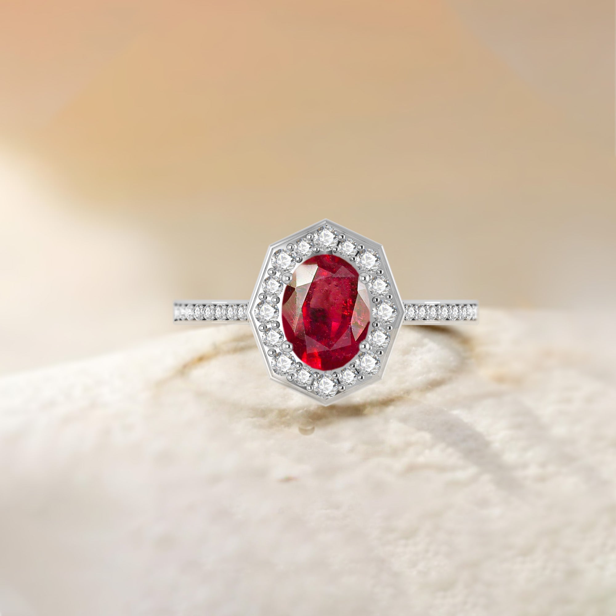 Natural Ruby with White Zircon Engagement Halo Ring - Goodstone Jewels