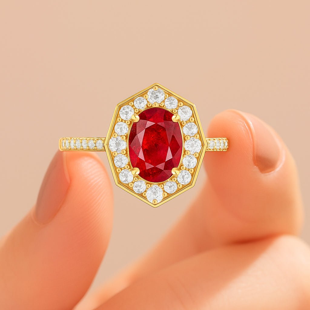 Natural Ruby with White Zircon Engagement Halo Ring - Goodstone Jewels