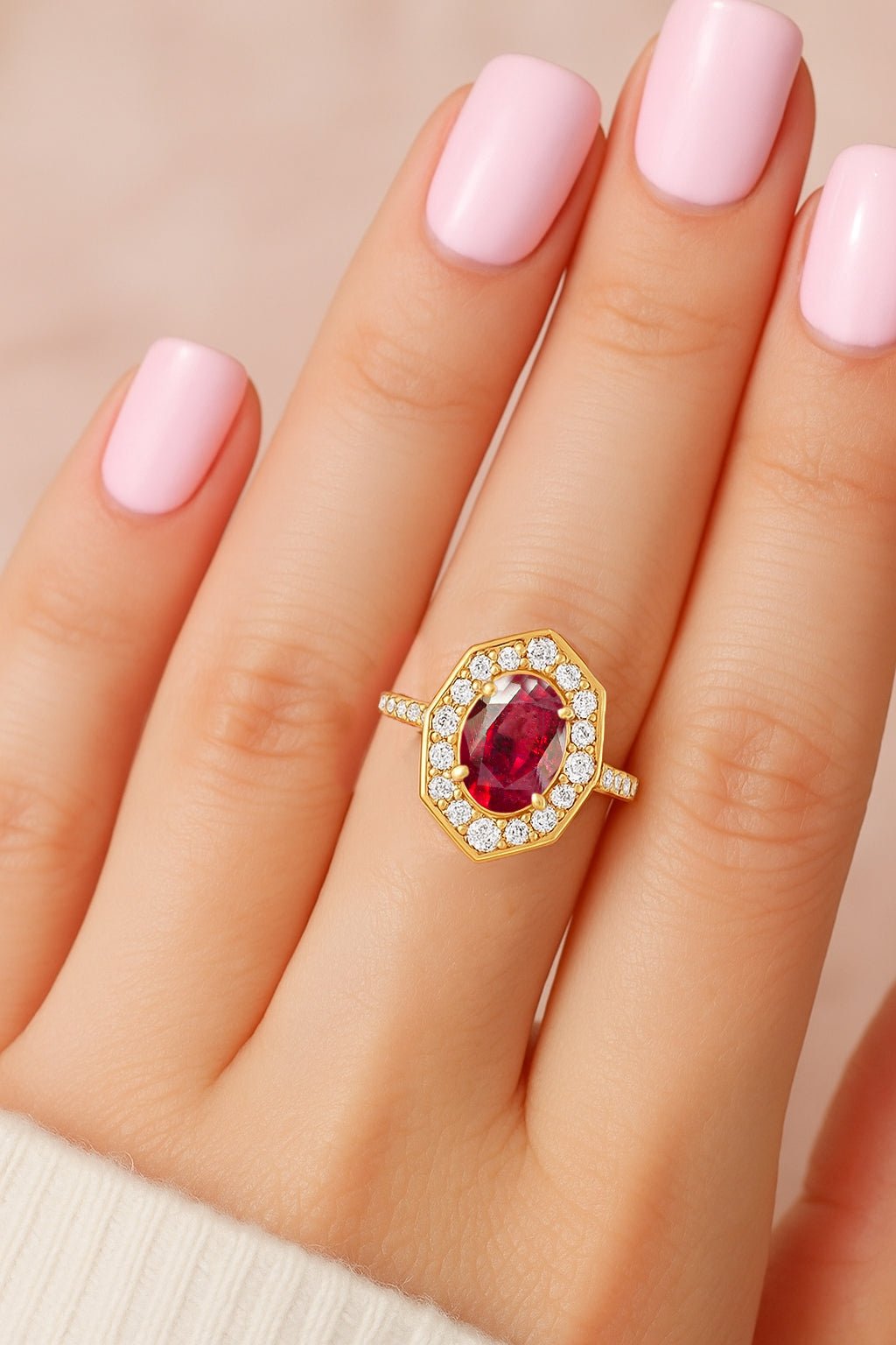 Natural Ruby with White Zircon Engagement Halo Ring - Goodstone Jewels