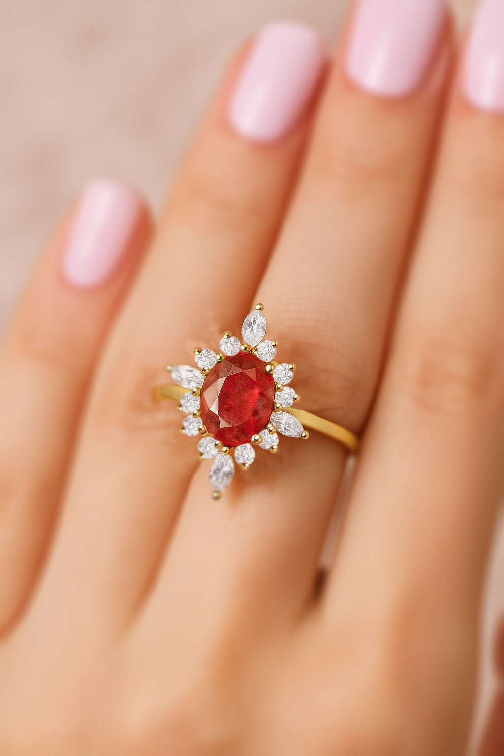 Natural Ruby with White Zircon Halo Ring in Silver & Yellow Gold Filled - Goodstone Jewels
