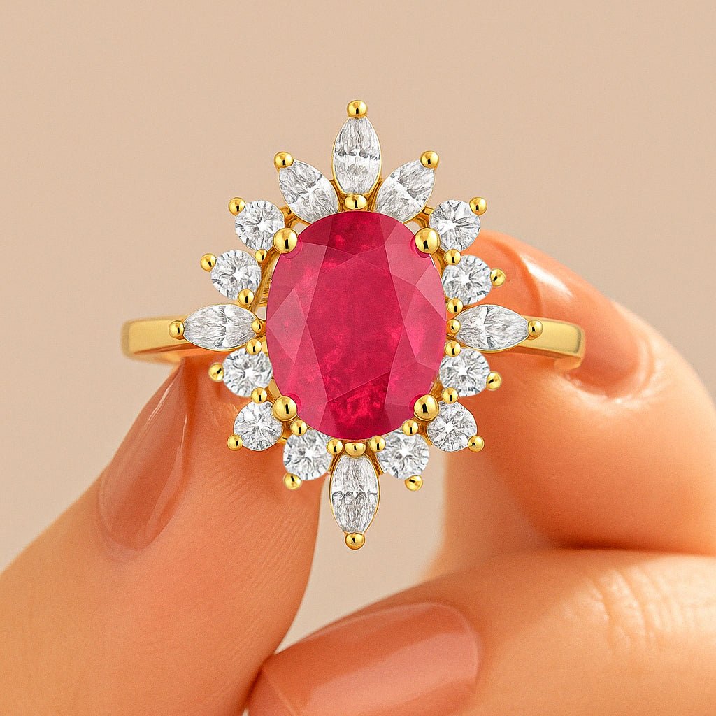 Natural Ruby with White Zircon Halo Ring in Silver & Yellow Gold Filled - Goodstone Jewels