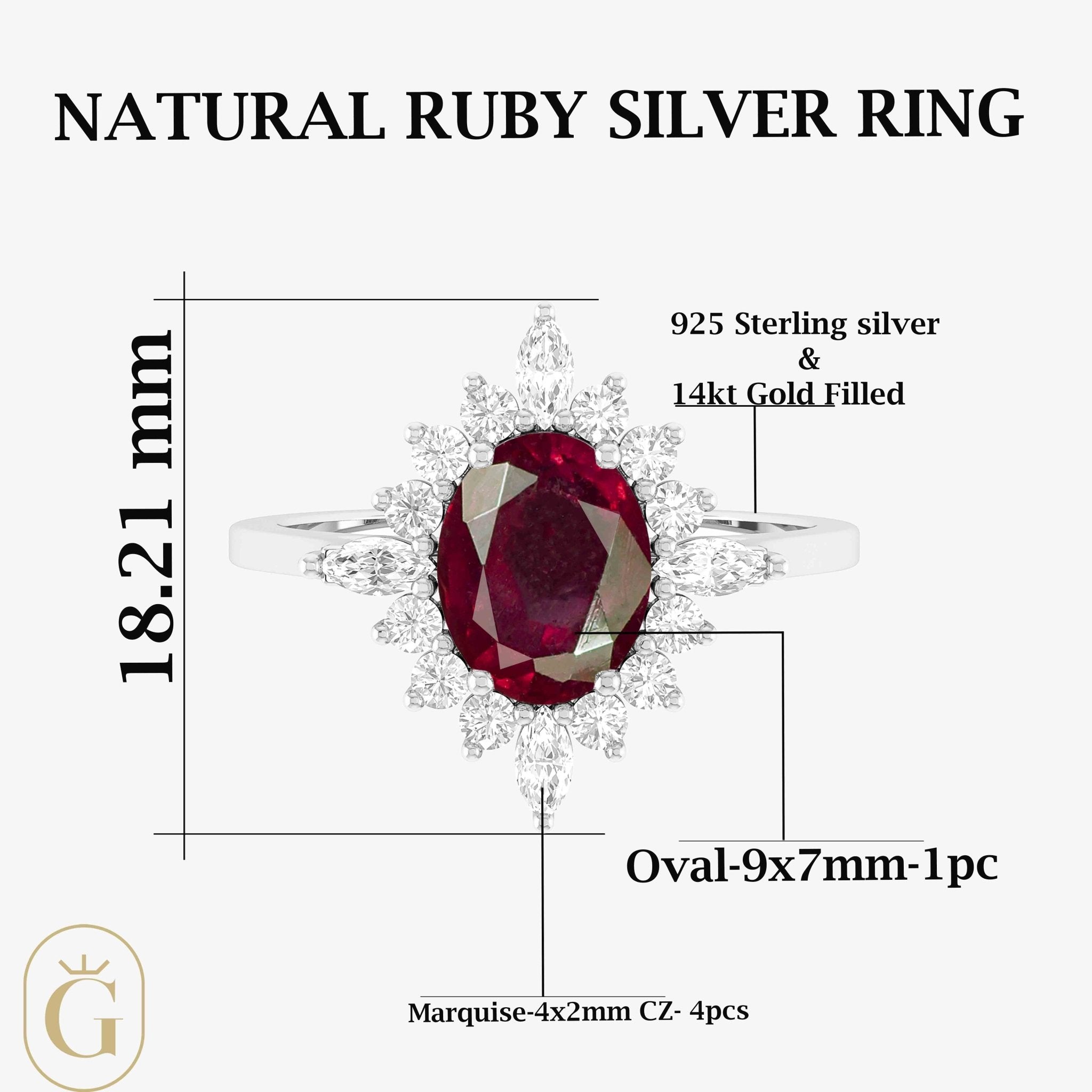Natural Ruby with White Zircon Halo Ring in Silver & Yellow Gold Filled - Goodstone Jewels