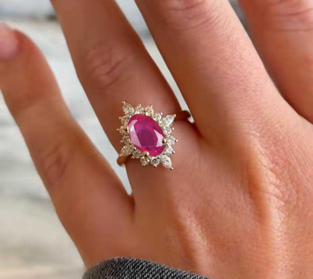 Natural Ruby with White Zircon Halo Ring in Silver & Yellow Gold Filled - Goodstone Jewels