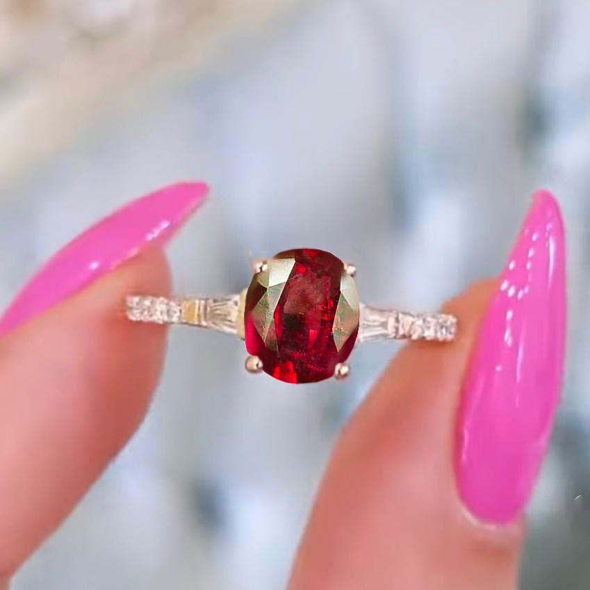 Natural Ruby with White Zircon Three Stone Engagement Ring - Goodstone Jewels