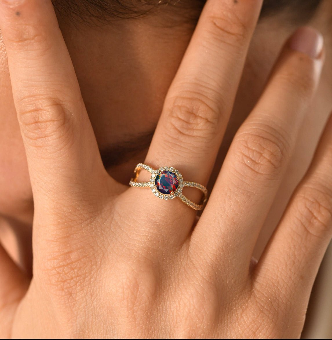 Natural Sparkling Black Opal Halo Engagement Ring - Goodstone Jewels