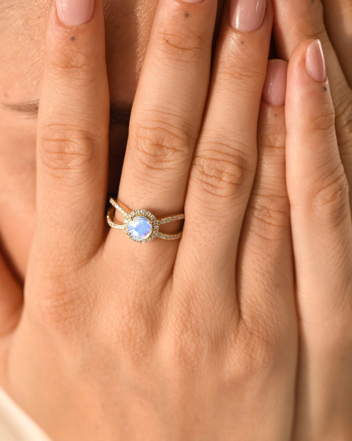 Natural Sparkling Rainbow Moonstone Halo Engagement Ring - Goodstone Jewels