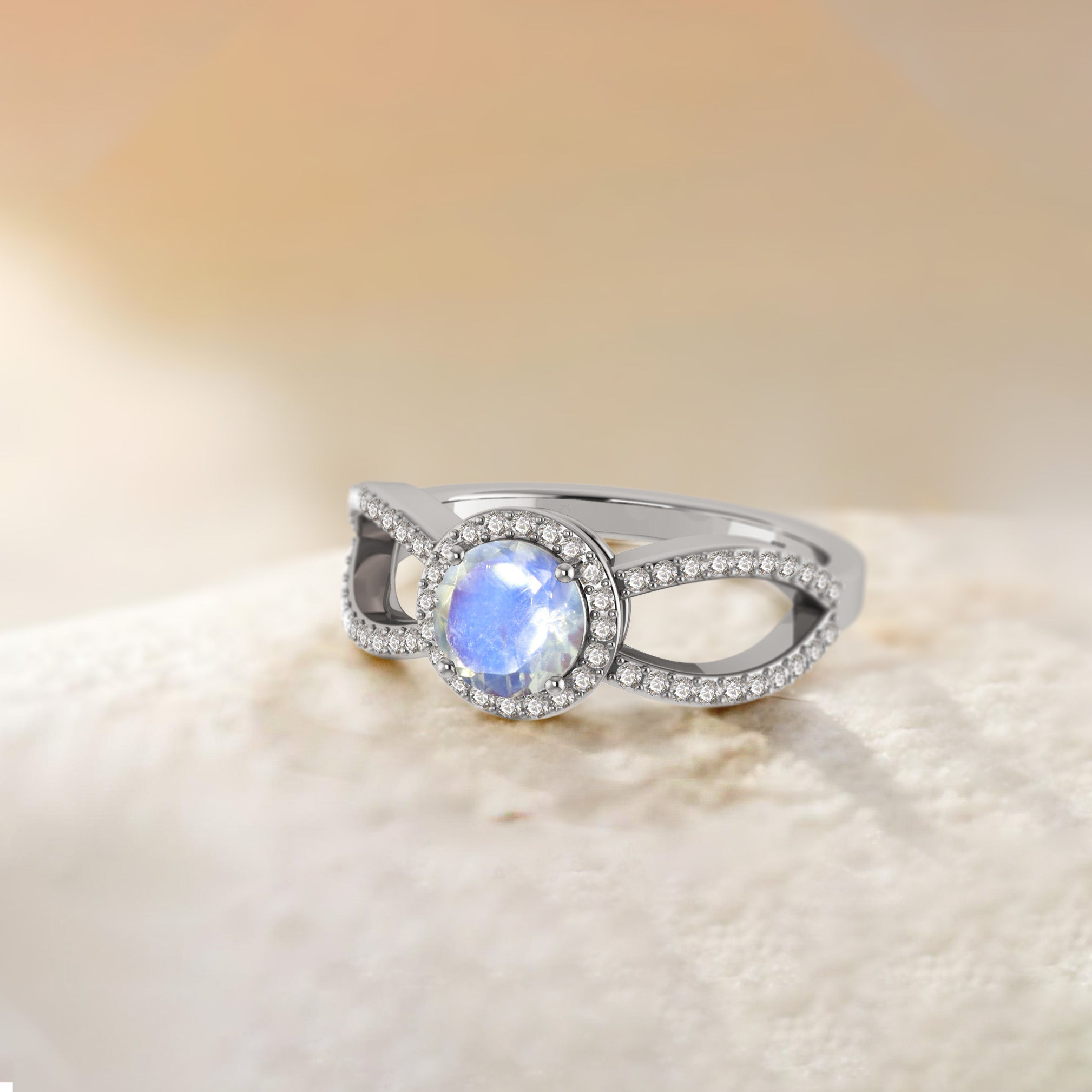 Natural Sparkling Rainbow Moonstone Halo Engagement Ring - Goodstone Jewels