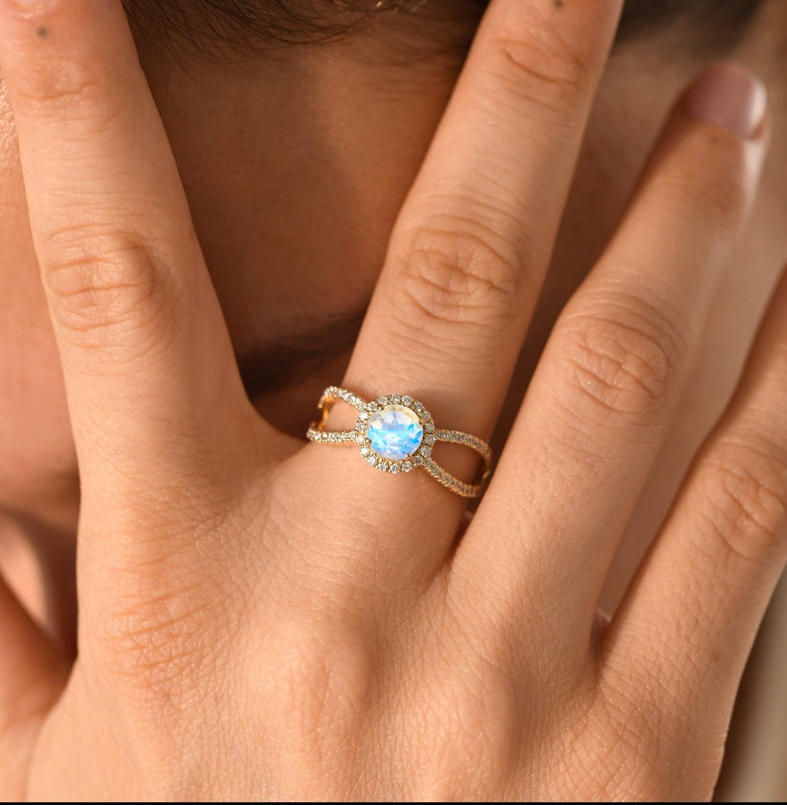 Natural Sparkling Rainbow Moonstone Halo Engagement Ring - Goodstone Jewels