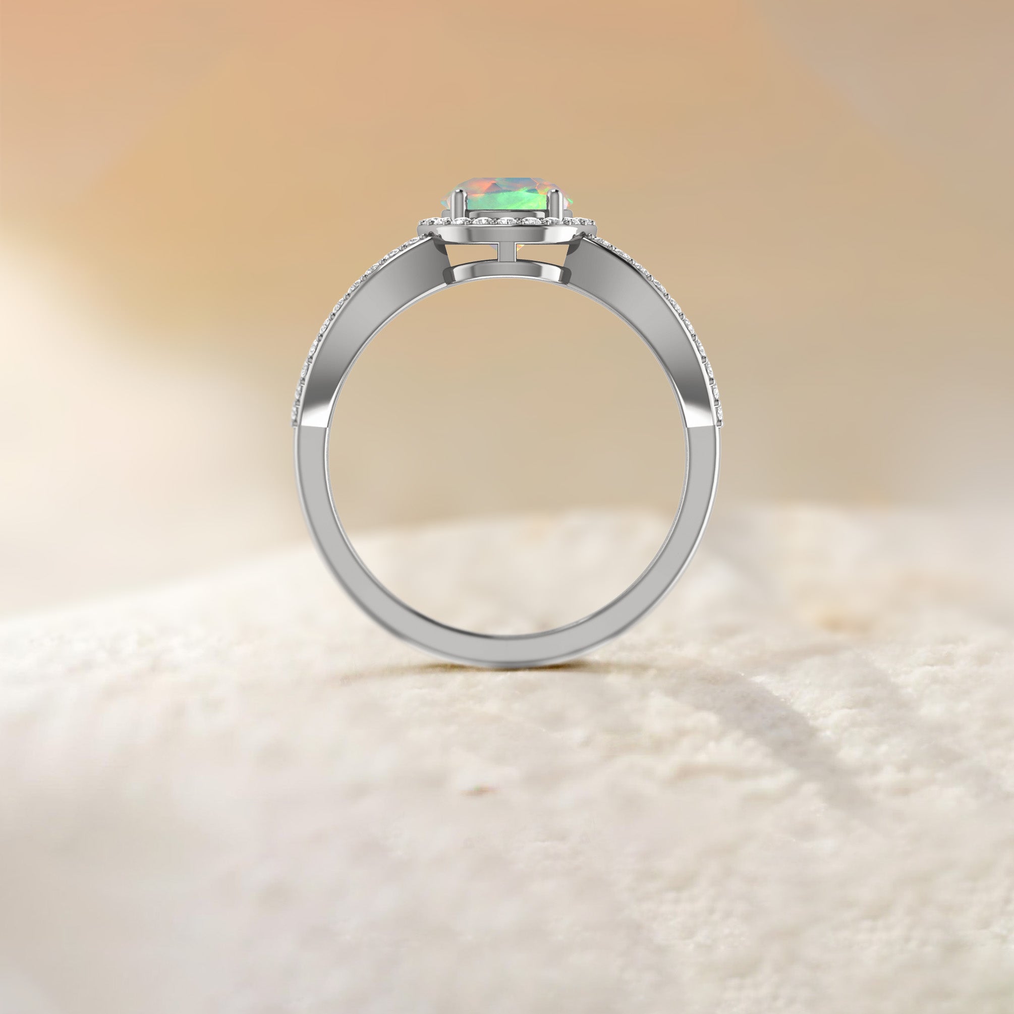 Natural Sparkling White Opal Halo Engagement Ring - Goodstone Jewels