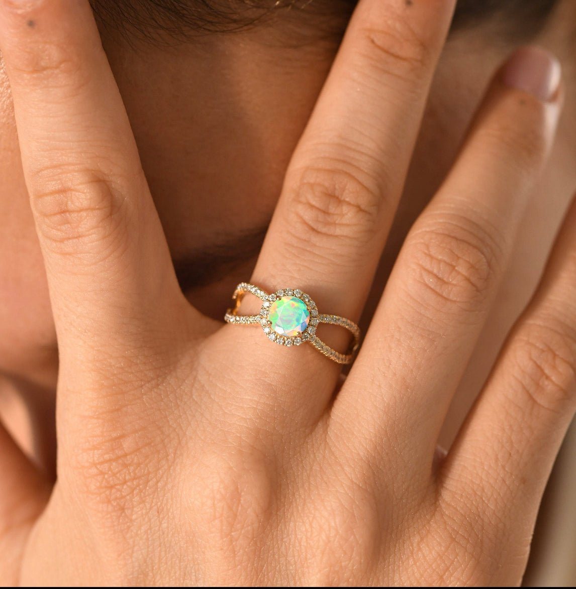 Natural Sparkling White Opal Halo Engagement Ring - Goodstone Jewels